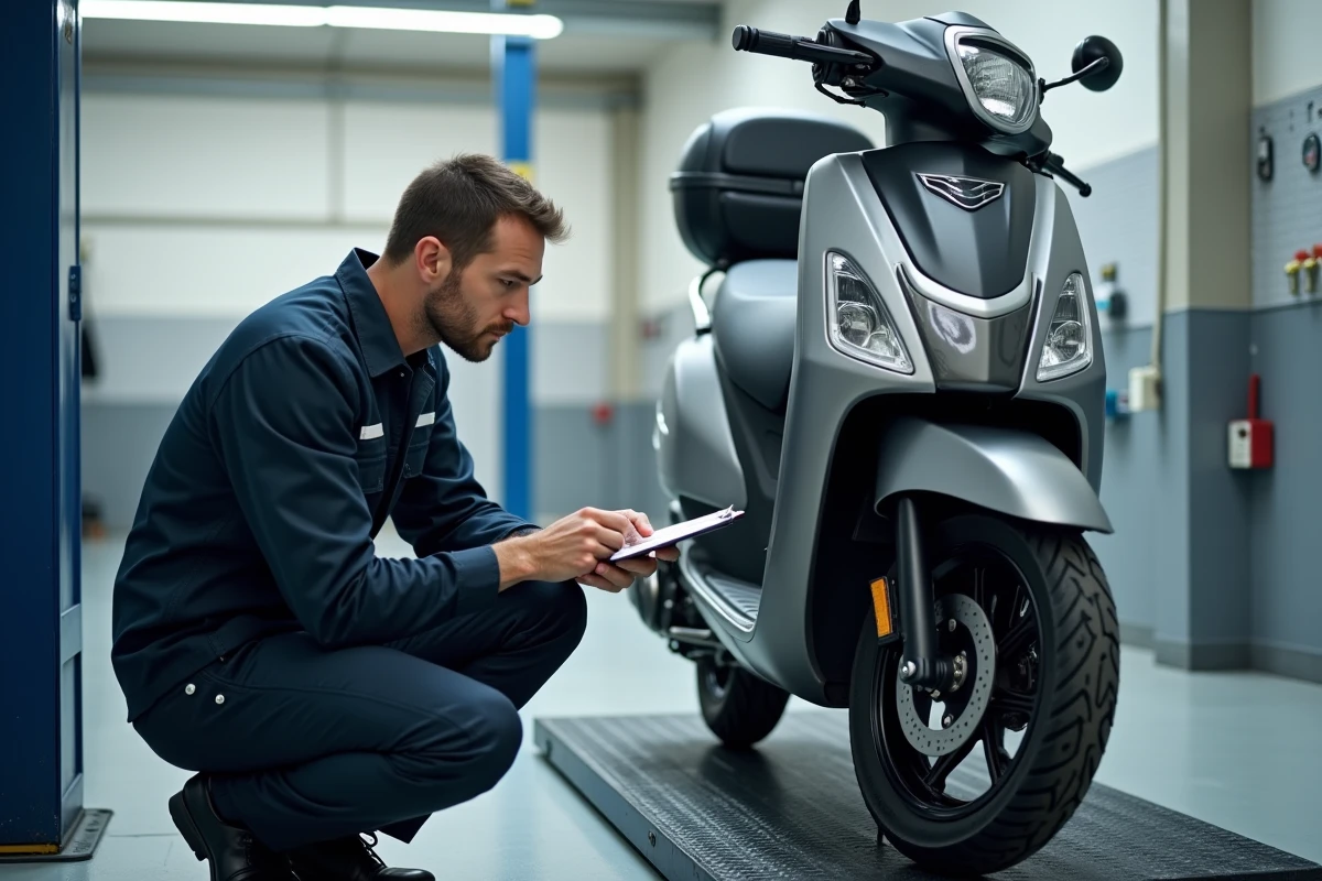 Technicien réalisant un contrôle technique sur un scooter dans un centre d'inspection agréé