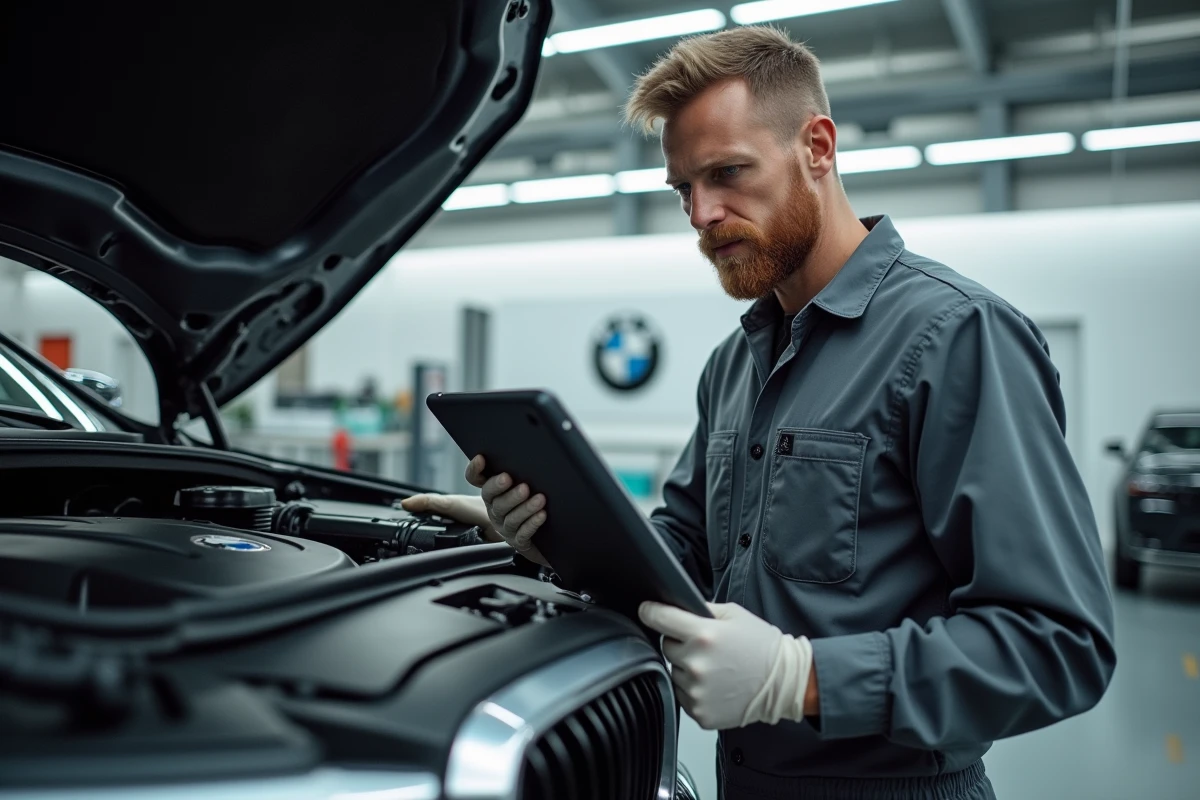 Technicien automobile diagnostiquant un moteur BMW B47 diesel sur une BMW Série 5 sur pont élévateur dans un centre de service