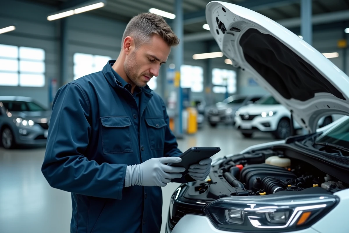 Technicien automobile diagnostiquant le moteur TCe d'un SUV Renault dans un centre de service agréé