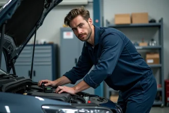Technicien automobile diagnostiquant un voyant moteur avec un scanner OBD2 dans un garage professionnel après suppression FAP