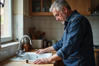 Technicien réparation d'évier en cuisine avec concentration