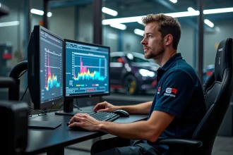 Technicien Shiftech en train de programmer la cartographie moteur d'une voiture de circuit sur ordinateur en atelier
