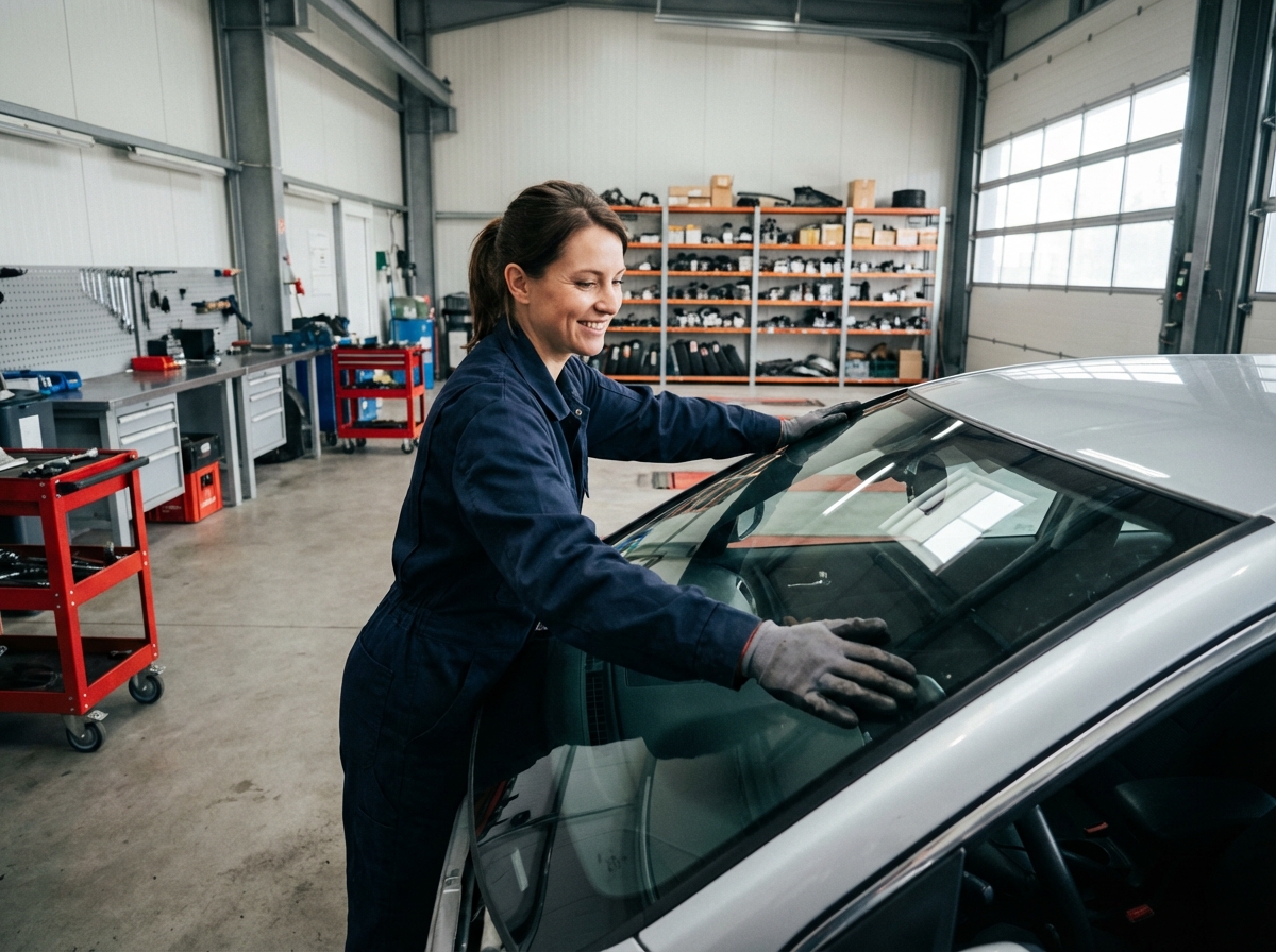 Technicienne auto souriante installant un pare-brise dans un garage
