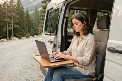 Femme en télétravail assise dans un van aménagé avec ordinateur portable, portes ouvertes sur un paysage alpin