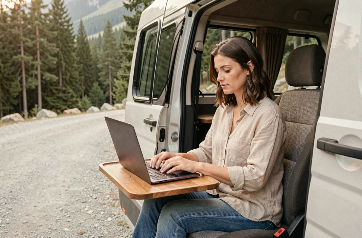 Femme en télétravail assise dans un van aménagé avec ordinateur portable, portes ouvertes sur un paysage alpin