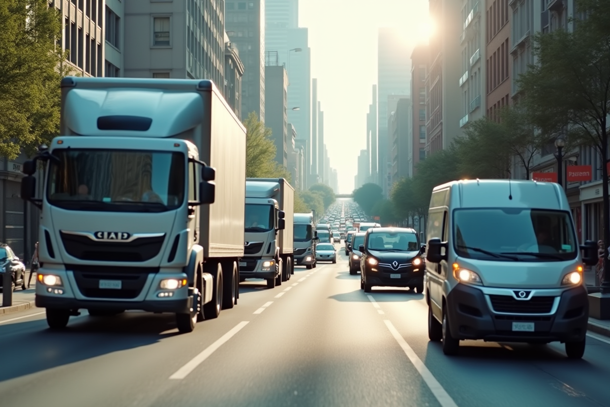 Voitures et camions diesel en circulation dans une rue urbaine animée