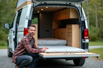 Homme près d’un van aménagé avec lit escamotable spacieux