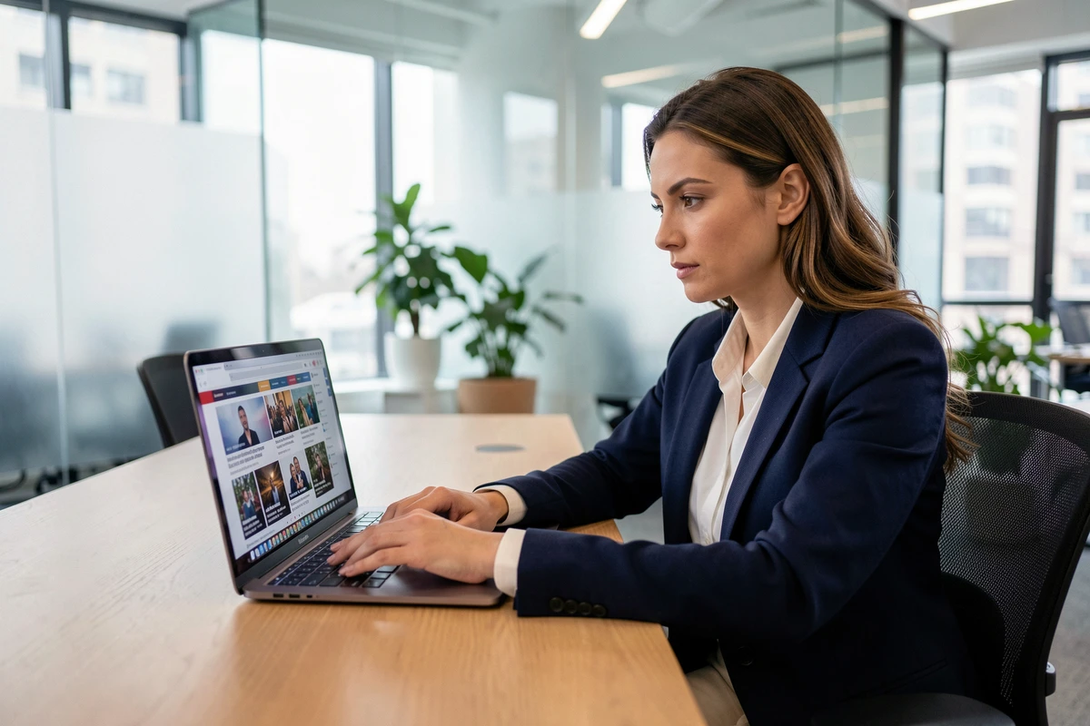 Femme professionnelle consultant une veille d'actualités sur ordinateur portable dans un bureau moderne