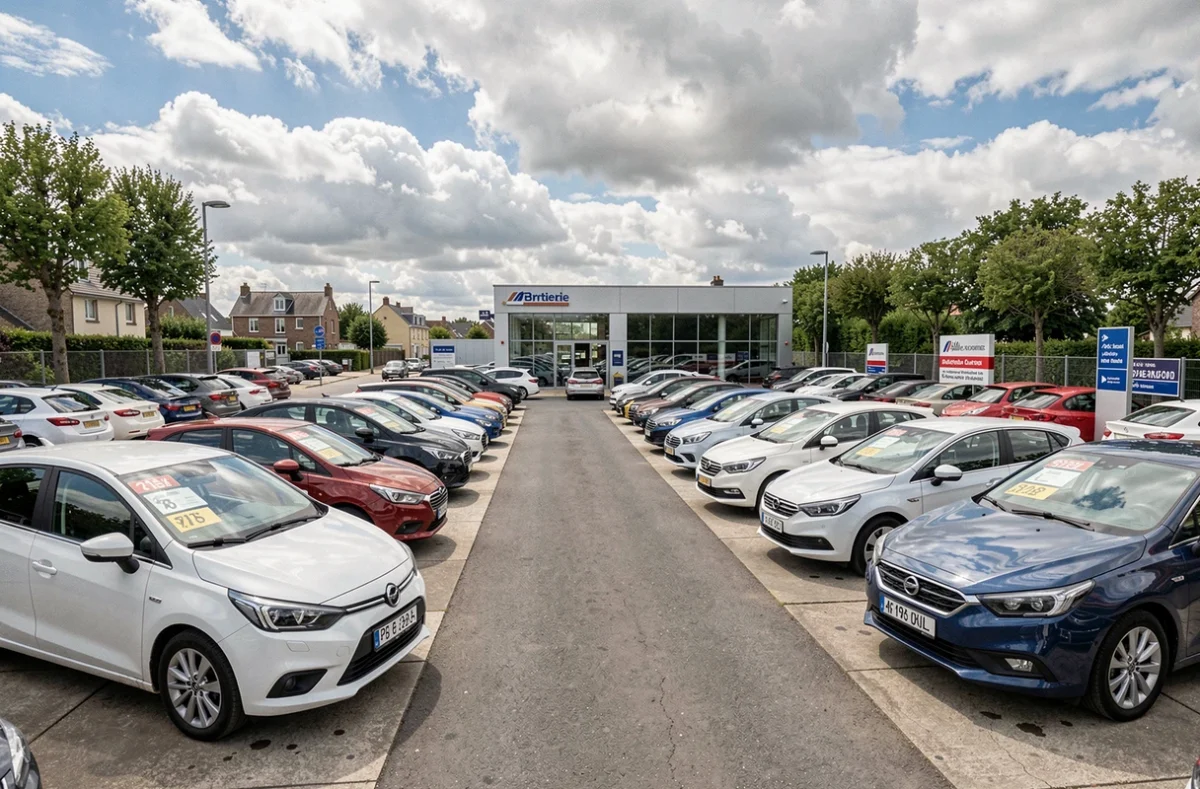 Vue large d'un grand parking de voitures d'occasion en Ille-et-Vilaine avec showroom moderne en arrière-plan
