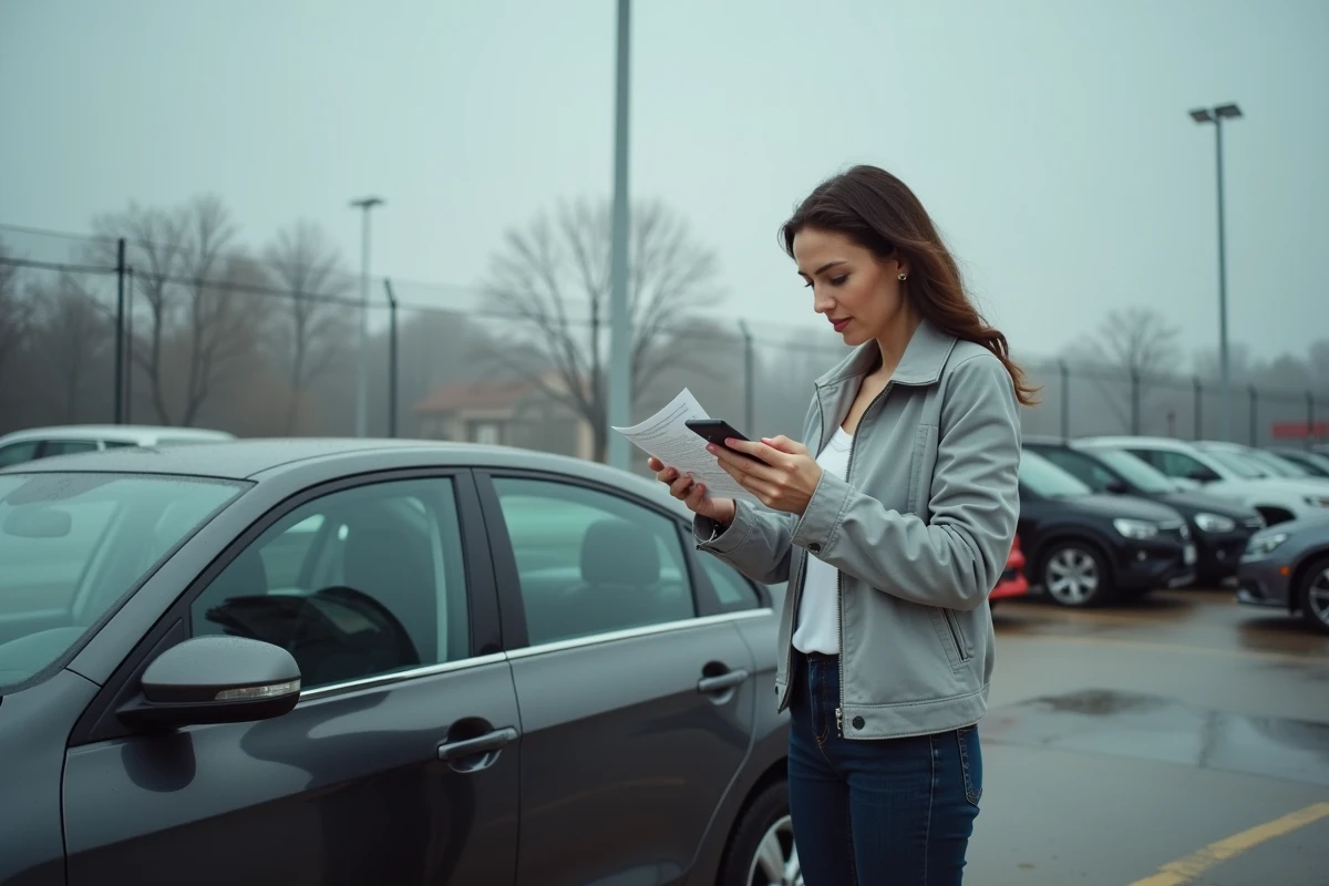 Femme vérifiant les détails d'une annonce automobile sur son téléphone lors d'une inspection en concession
