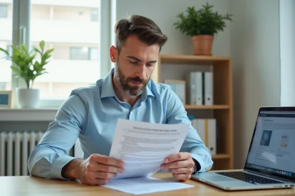 Homme consultant un document PDF de vérification de permis de conduire 2026 à son bureau