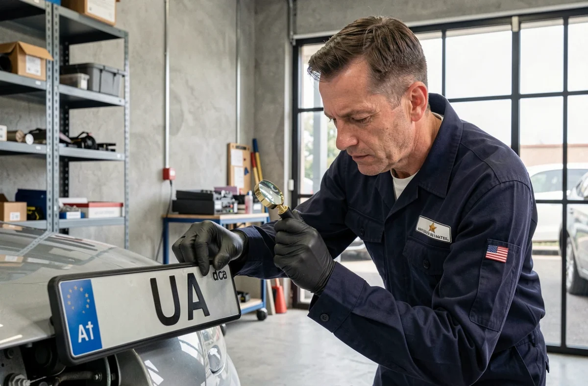 Inspecteur automobile vérifiant l'authenticité d'une plaque d'immatriculation UA dans un garage professionnel