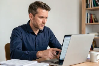 Homme vérifiant attentivement un site de carte grise en ligne avant de payer sur son ordinateur portable