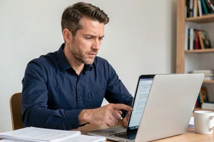 Homme vérifiant attentivement un site de carte grise en ligne avant de payer sur son ordinateur portable