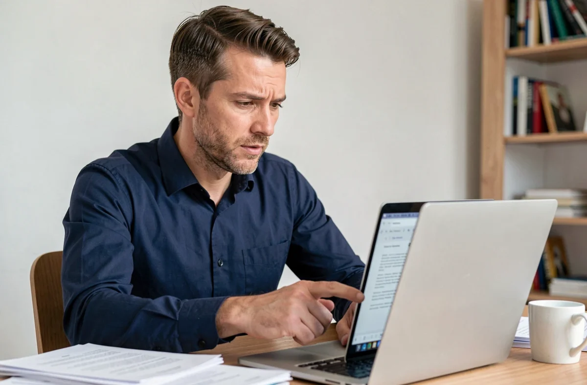 Homme vérifiant attentivement un site de carte grise en ligne avant de payer sur son ordinateur portable