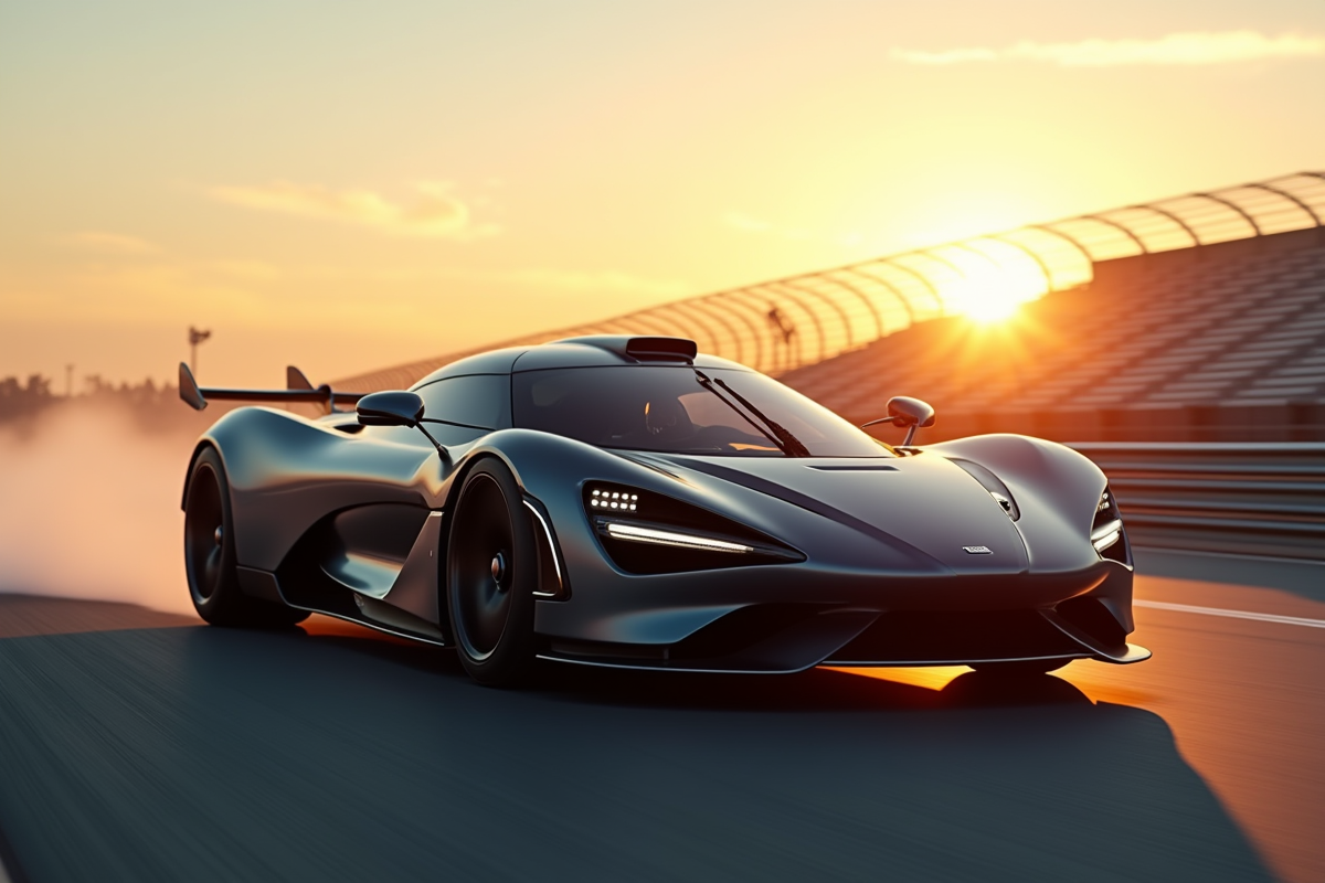 Voiture de sport ultrarapide sur circuit moderne au coucher du soleil