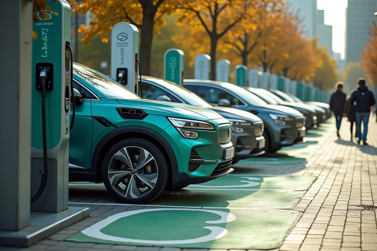 Voitures électriques en charge dans une ville avec piétons