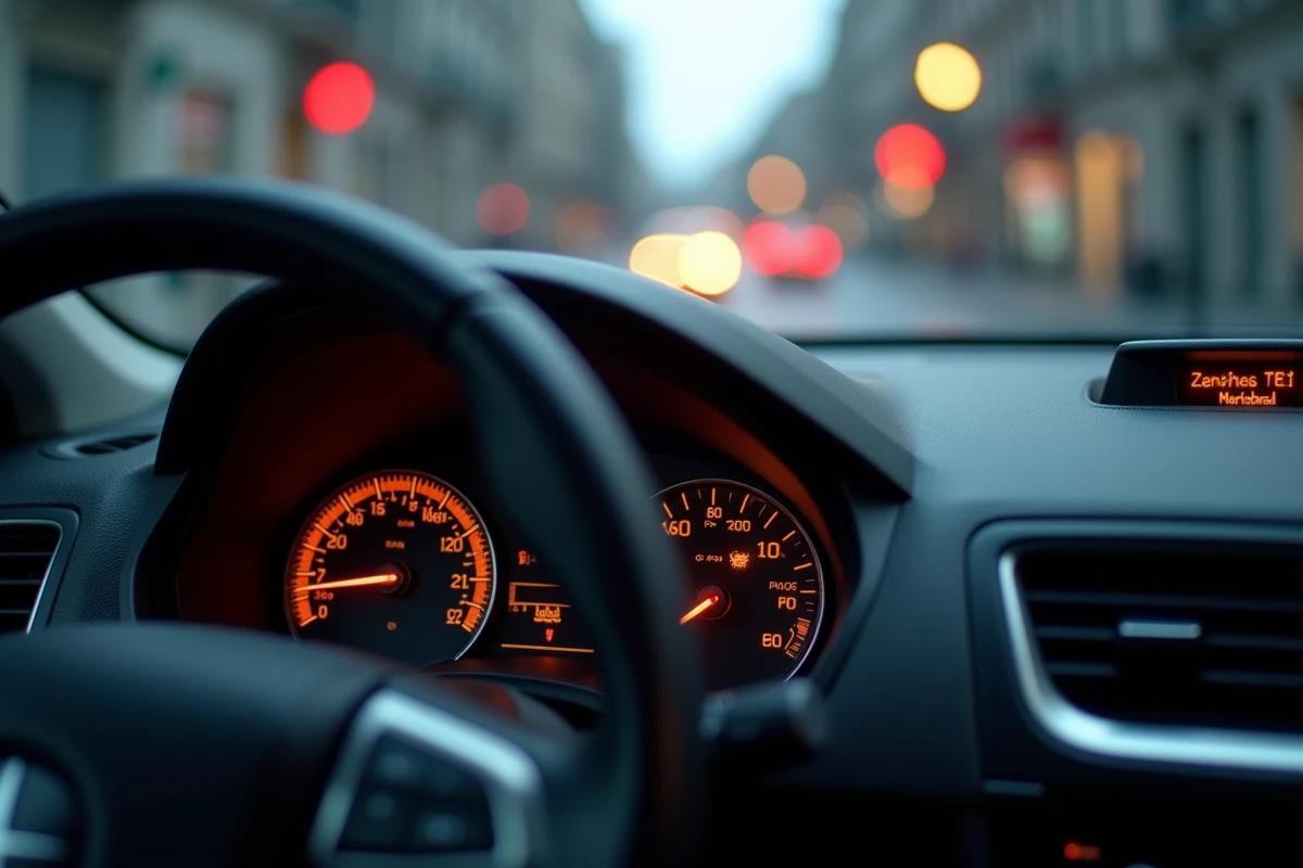 Voyant moteur FAP allum&eacute; sur le tableau de bord d'une voiture diesel en circulation en ville