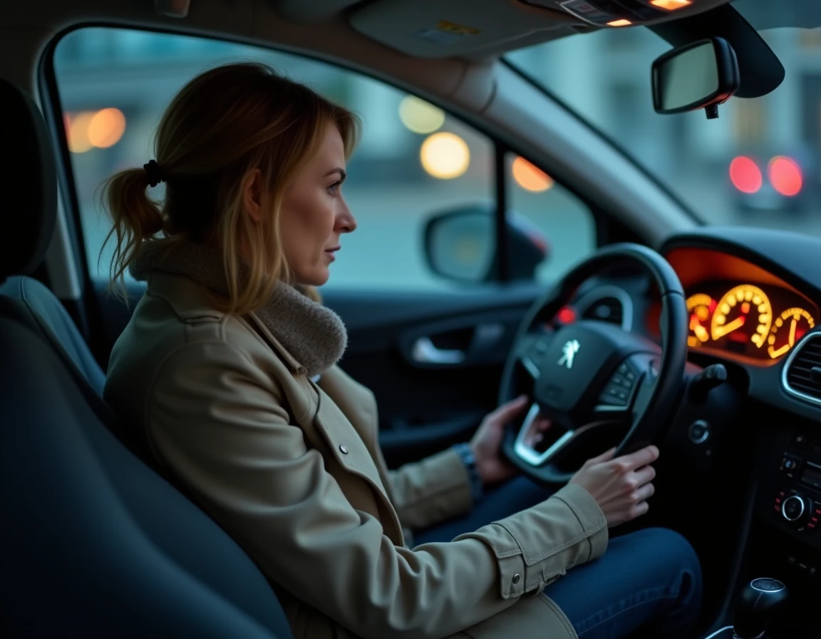 Femme conductrice observant les voyants allumés sur le tableau de bord d'une Peugeot 208, problème de démarrage