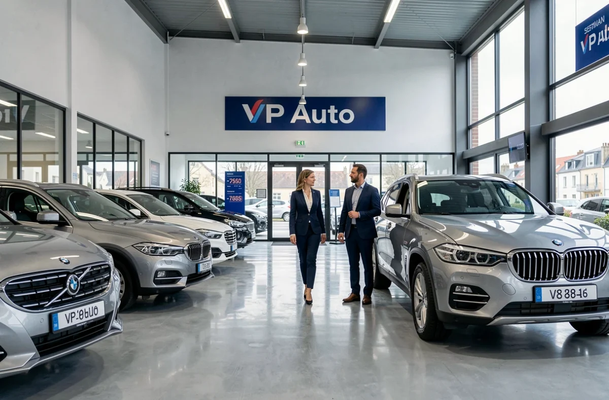 Intérieur du showroom VP Auto Rennes avec véhicules d'occasion exposés et conseillère accompagnant un client